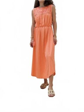 Ex Voto Peach Coral Embroidered Sleeveless Maxi Dress Boho Resortwear Vacation